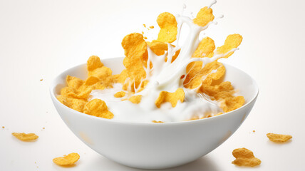 Corn flakes with milk splash in white bowl isolated on white background. AI Generative.