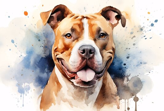 watercolor canvas painting of the pit bull dog, strong facial expression, light brown and white, heavy shading