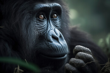 Obraz premium close-up photo of a gorilla s face with a wrinkled expression, set against a blurred background of green foliage, ai generative