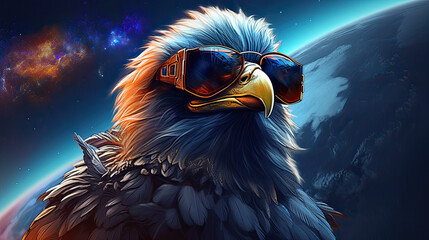 Space explorer cartoon eagle, navigating through a vivid galaxy with futuristic sunglasses AI generative	