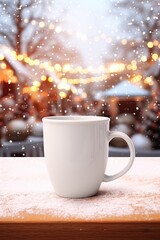 Simple white coffee mug on wooden table with winter bokeh. Cozy winter evening with a hot drink and snowfall.