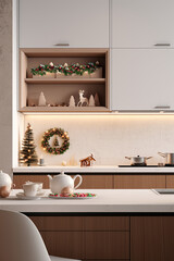 Stylish and homely kitchen design enhanced with subtle Christmas decorations and warm wood tones.