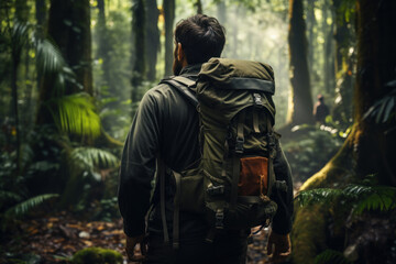 Obraz premium A man with a backpack and binoculars, exploring a dense rainforest. Concept of adventure and eco-tourism. Generative Ai.