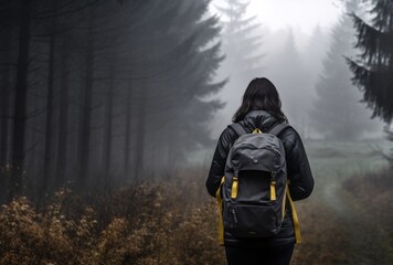woman with backpack in fog near a forest, dark gray and yellow, hiking in mountains, minimalist objects, selective focus