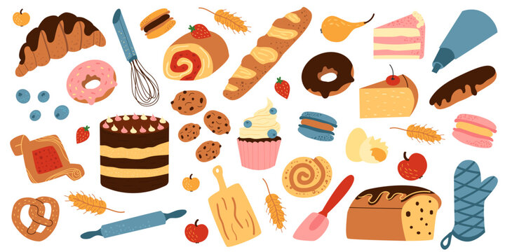 Vector set with sweet pastries in cartoon style. Baked goods and devices - French baguette, donut, croissant, bun, cake, cookies, eclair, macaron, cupcake, rolling pin, whisk. Hand drawn style. 