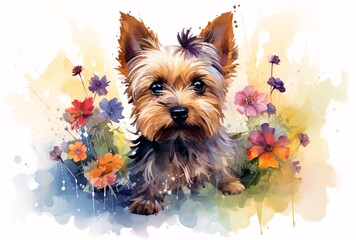 yorkshire terrier at the flower in watercolor design, realistic landscape paintings, playful characters, spray painted realism