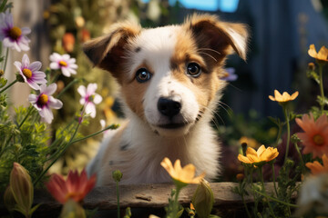 A curious pup with floppy ears exploring a vibrant garden. Concept of garden adventures. Generative Ai.