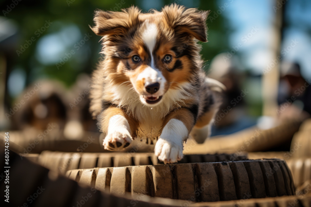 Poster a determined puppy completing an obstacle course with unwavering focus. concept of training achievem