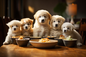 A group of puppies gathered around a bowl of food, eagerly eating together. Concept of shared meals. Generative Ai.