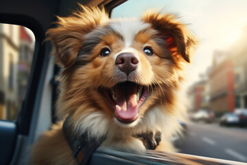 A playful pup savoring the thrill of a car ride, head out the window. Concept of joyful adventure. Generative Ai. - obrazy, fototapety, plakaty