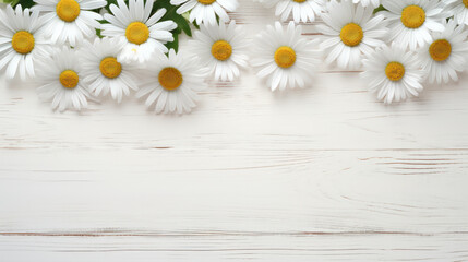 Shasta Daisies on Wooden Background, Beautiful Flowers, Summer Floral, Copy Space. Generative AI
