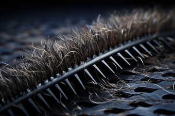 A close-up of a hairbrush filled with fallen hair, portraying the concept of daily struggles with hair loss. Generative Ai.