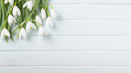 Snowdrops on Wooden Background, Beautiful Flowers, Spring Floral, Copy Space. Generative AI