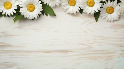 Obraz premium Shasta Daisies on Wooden Background, Beautiful Flowers, Summer Floral, Copy Space. Generative AI