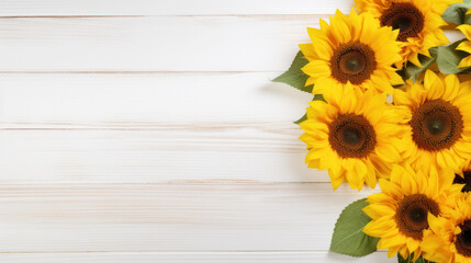 Sunflowers on Wooden Background, Beautiful Flowers, Summer Floral, Copy Space. Generative AI