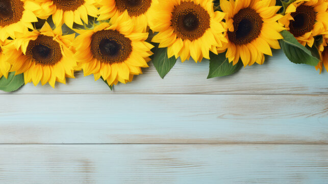 Sunflowers on Wooden Background, Beautiful Flowers, Summer Floral, Copy Space. Generative AI
