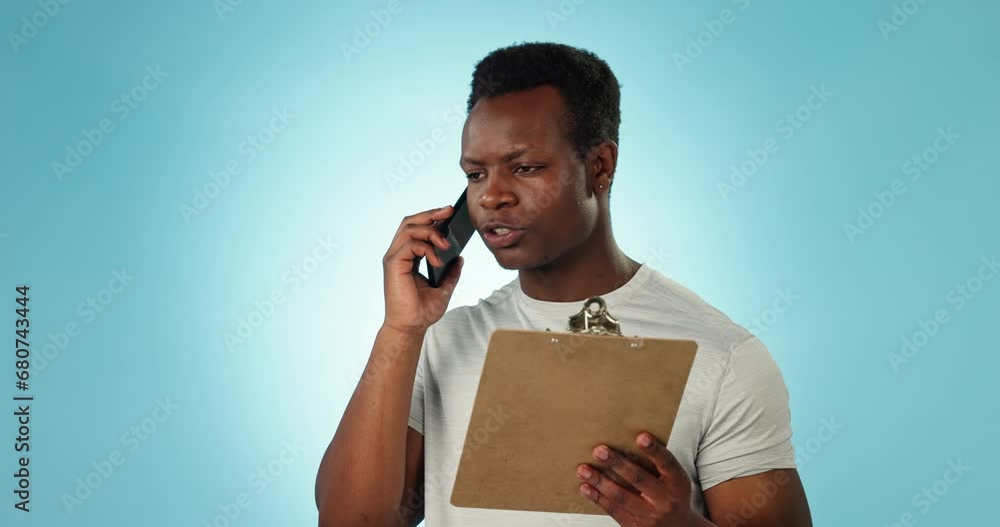 Poster Phone call, documents and membership with a black man personal trainer in studio on a blue background. Fitness, smile and clipboard for sign up with a happy young gym couch talking on his mobile