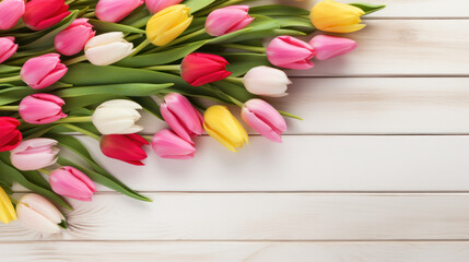 Tulips on Wooden Background, Beautiful Flowers, Spring Floral, Copy Space. Generative AI