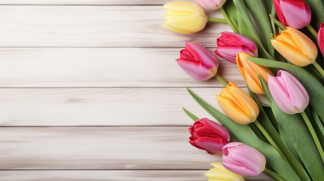 Tulips on Wooden Background, Beautiful Flowers, Spring Floral, Copy Space. Generative AI