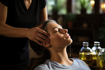 A scalp massage with essential oils, promoting the concept of relaxation and hair health. Generative Ai.