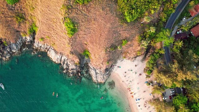 The natural beauty of Yanui beach at Phuket island, Thailand. Aerial drone footage 4k vibrant in sunny weather