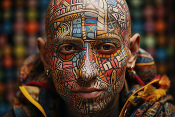 A person with a vibrant, bald head adorned with temporary tattoos, embracing the concept of creativity and self-expression. Generative Ai.