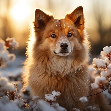 Hunting dog Finnish Spitz on the winder scene. Adorable dog in orange, brown color on the snowy forest background.  Great image for web icon, game avatar, profile picture, for educational needs