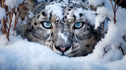 Leopard śnieżny pokryty śniegiem  - obrazy, fototapety, plakaty
