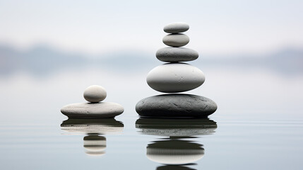 Kamienie zen ułożone na sobie na tafli spokojnej wody. 