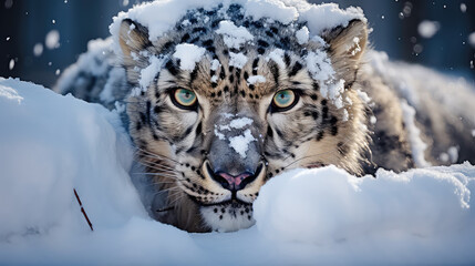 Fototapeta na wymiar Leopard śnieżny pokryty śniegiem 