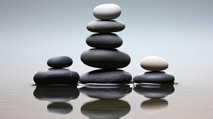 Kamienie zen ułożone na sobie na tafli spokojnej wody. 