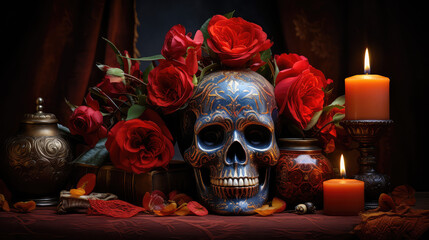 Ołtarz Czaszka na drewnianym stole z różami i świecami.  - obrazy, fototapety, plakaty