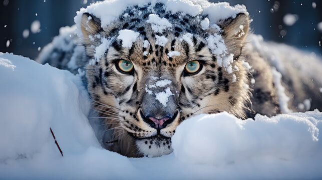 Leopard śnieżny pokryty śniegiem 