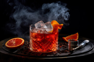 Negroni, A classic Italian aperitif made with equal parts gin, Campari, and sweet vermouth, typically served with an orange slice - obrazy, fototapety, plakaty