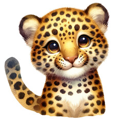 Cute Leopard Safari Animal, Watercolor, Isolated on Transparent Background. Generative AI