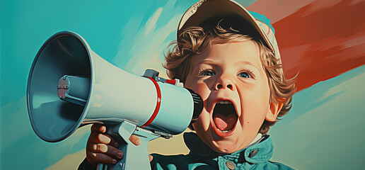 Chłopiec krzyczący przez megafon.  - obrazy, fototapety, plakaty