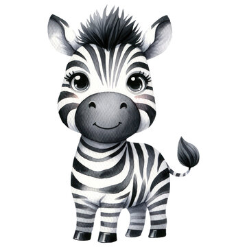 Cute Zebra Safari Animal, Watercolor, Isolated on Transparent Background. Generative AI