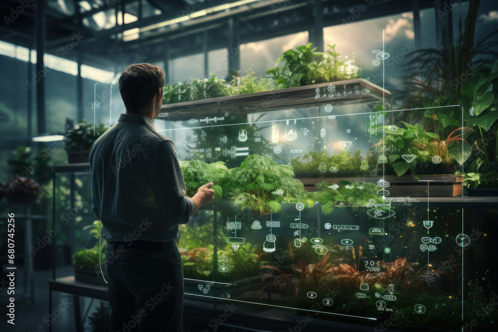 Poster a farmer collecting data from sensors and monitors in a smart greenhouse, highlighting precision far