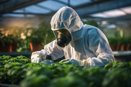 A Greenhouse Worker Wearing A Mask While Applying Organic Pesticides, Supporting Pesticide Reduction Strategies. Generative Ai.