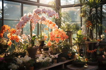 Exotic orchids and rare botanical specimens thriving in a greenhouse for conservation and educational purposes. Generative Ai.