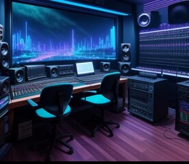 Futuristic music making studio with various instruments and systems.