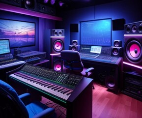 Futuristic music making studio with various instruments and systems.