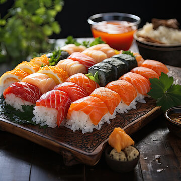 Assortment of fresh sushi with raw fish arranged beautifully on a platter