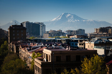 View of Yerevan with the snow-white peak of Ararat mountain in the background. Armenia.