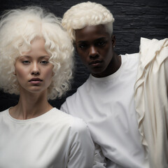 Glamour fashion shot of a white woman and a black man, with white hair and dressed in pure white against a black wall.