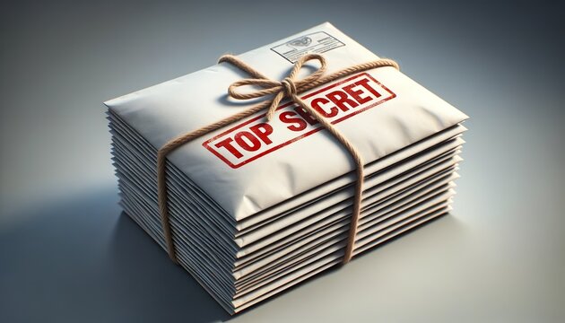 A neat stack of envelopes with secret documents, tied with a rope, and with a red TOP SECRET stamp on the top envelope. Stack of TOP SECRET envelopes on a gray background