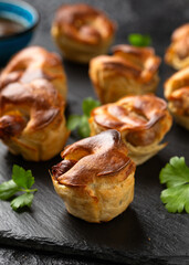 Mini Toad in the hole, Baked sausages in Yorkshire pudding with gravy