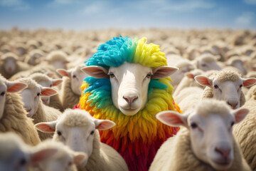 a sheep with LGTBQ rainbow hair, which stands out from the rest. - obrazy, fototapety, plakaty