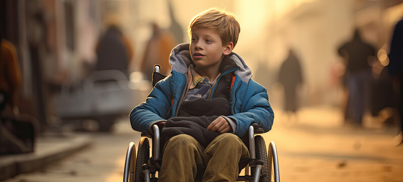 Young boy sitting in wheelchair on a winter day in the middle of a city street