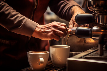 Fototapeta na wymiar Barista pouring drink into the espresso machine. Coffee making background with hands and coffee machine.